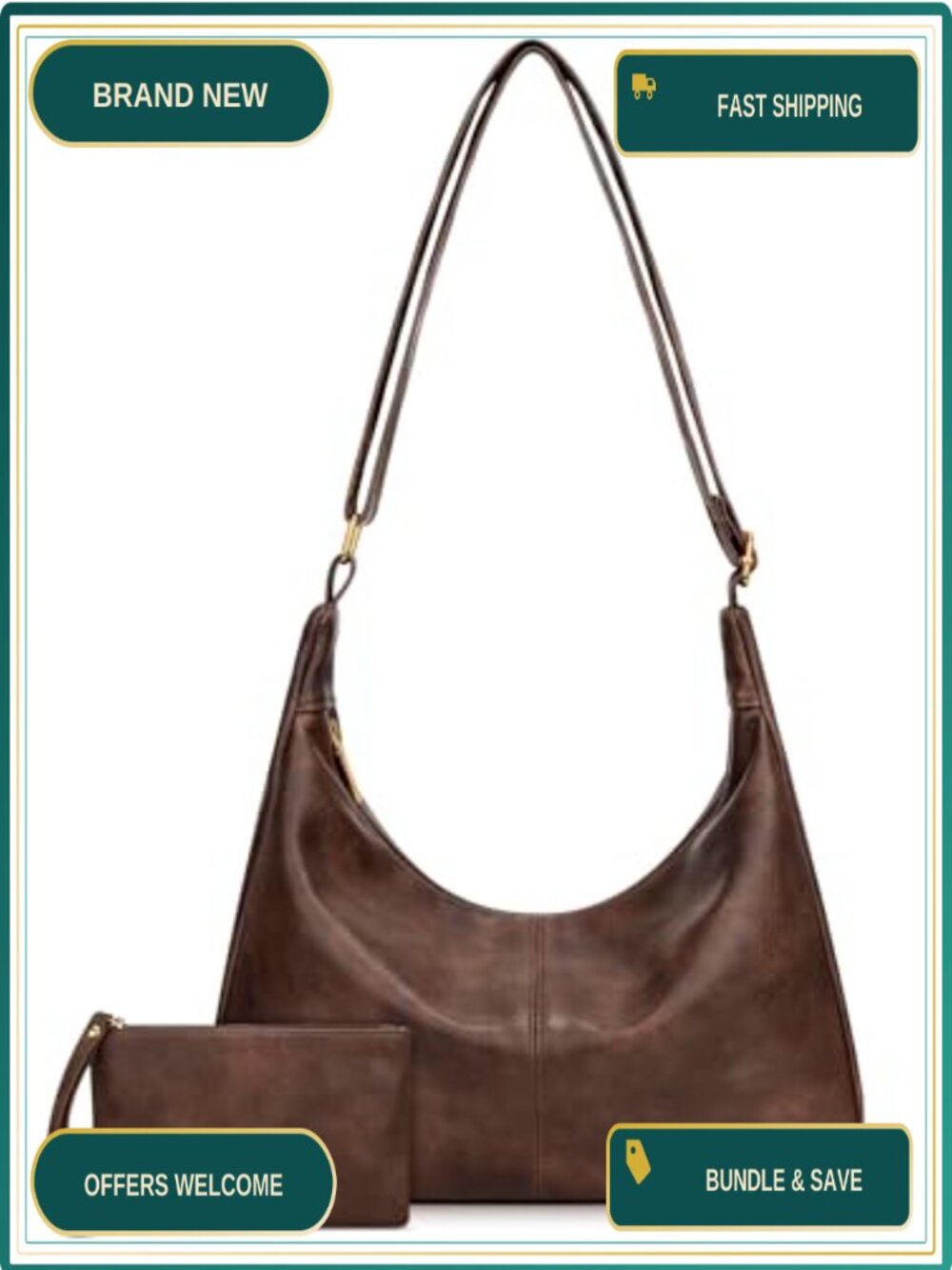 Slouchy Hobo Bag Vegan Leather Shoulder Purse Adjustable Crossbody
